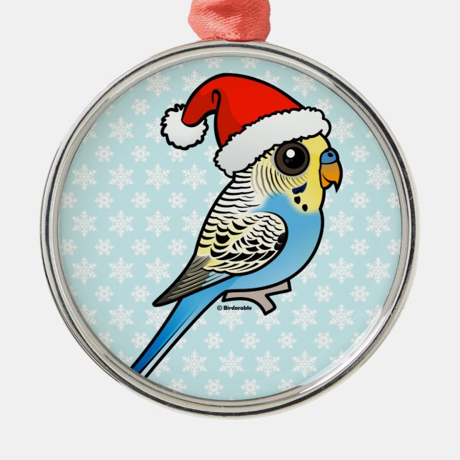 Blue & Yellow Santa Budgie Metal Ornament (Front)