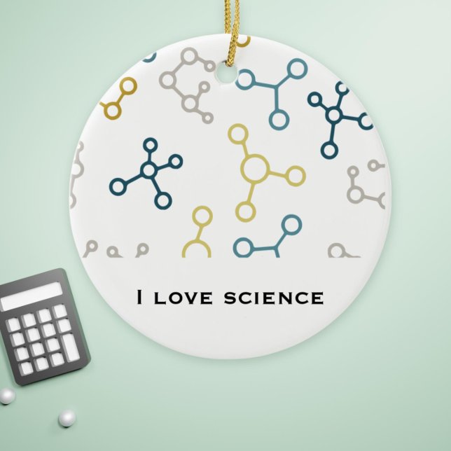 Blue Yellow Science Chemistry Molecules Christmas  Ceramic Ornament (Simple molecule pattern I love science christmas ornament for chemists, biologist and researchers)