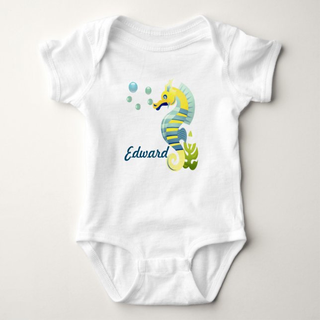 Blue & Yellow Seahorse Baby Bodysuit (Front)