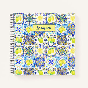 Blue Yellow Sicilian Majolica Citrus Garden Tile Notebook