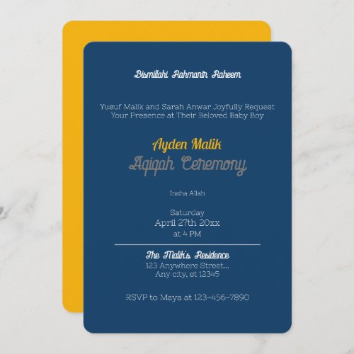 Blue Yellow Solid Color Plain Aqiqah Baby Shower Invitation