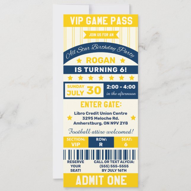 Blue & Yellow Sports Themed Ticket Birthday Party Invitation (Front)