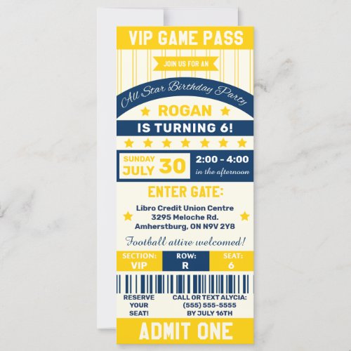 Blue  Yellow Sports Themed Ticket Birthday Party Invitation