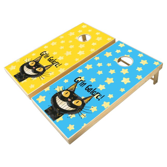 Blue Yellow Star Black Cat Party Cornhole Set (Angled)