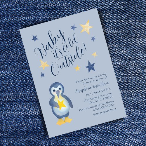 Blue Yellow Star Penguin Baby Shower Invitation