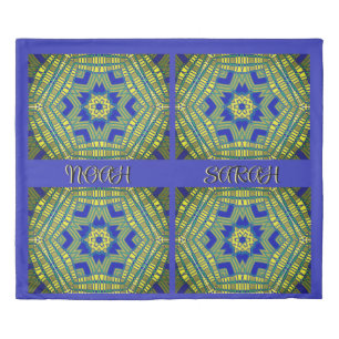 Blue Yellow Stars Weave Pattern King Duvet Cover