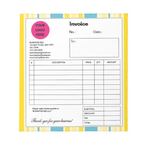 Blue Yellow Stripe Company Business Shop Invoice Notepad