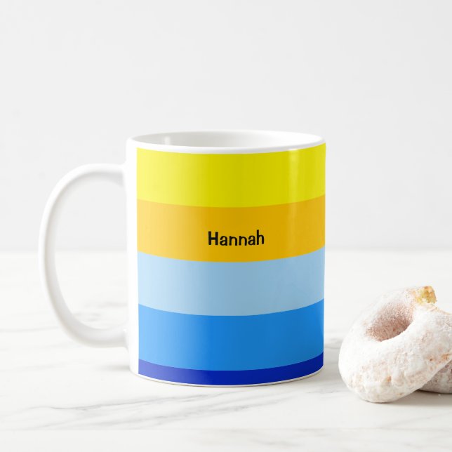 Blue Yellow Stripe Pattern Summer Personalized Coffee Mug (With Donut)