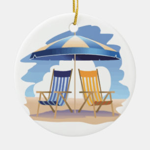 Blue & Yellow Striped Beach Chairs & Umbrella Ceramic Ornament