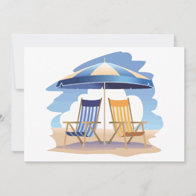 Blue & Yellow Striped Beach Chairs & Umbrella Invitation (Front)