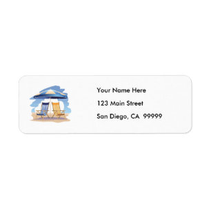 Blue & Yellow Striped Beach Chairs & Umbrella Label
