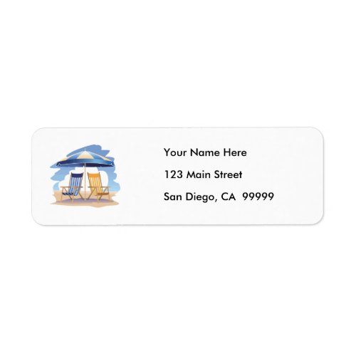 Blue & Yellow Striped Beach Chairs & Umbrella Label