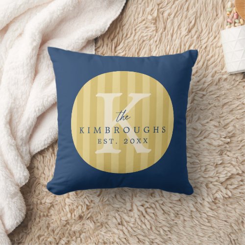 Blue Yellow Striped Circle Family Monogram Throw Pillow
