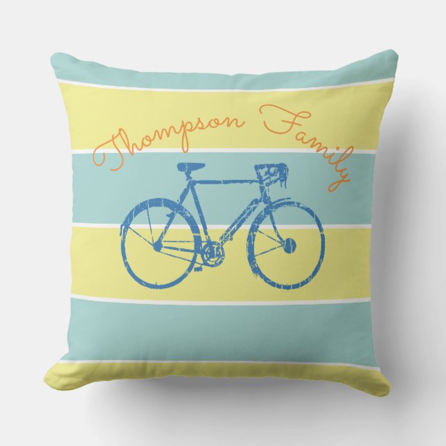 blue & yellow stripes with bicycle, family outdoor pillow (Front)
