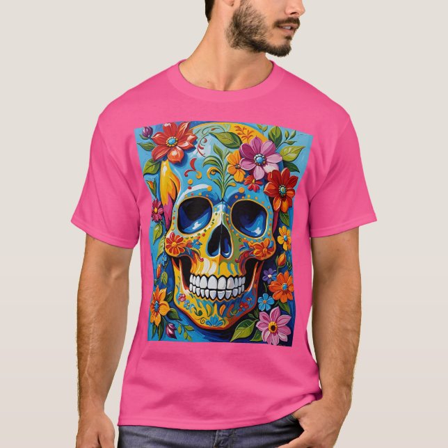 Blue Yellow Sugar Skull Flower Shirt (Front)