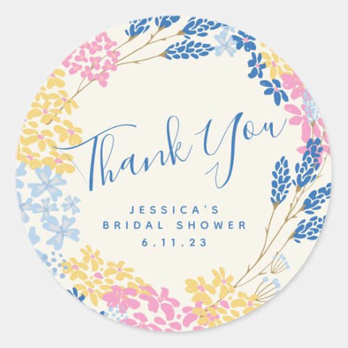 Blue Yellow Summer Flower Wreath Custom Thank You Classic Round Sticker