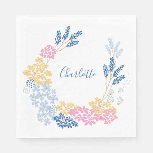 Blue Yellow Summer Flower Wreath Personalized Napkins