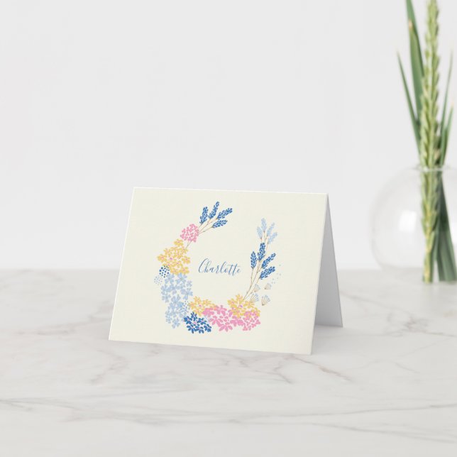 Blue Yellow Summer Flower Wreath Personalized Thank You Card (Front)