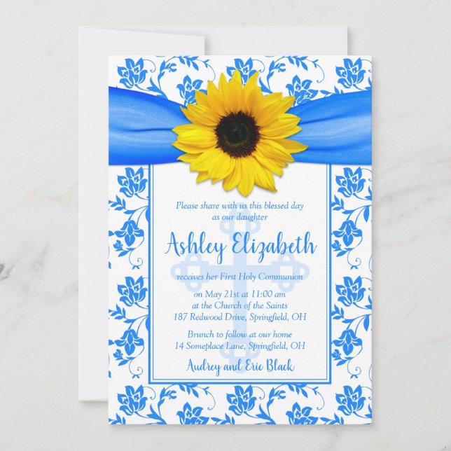 Blue Yellow Sunflower Damask First Communion Invitation (Front)