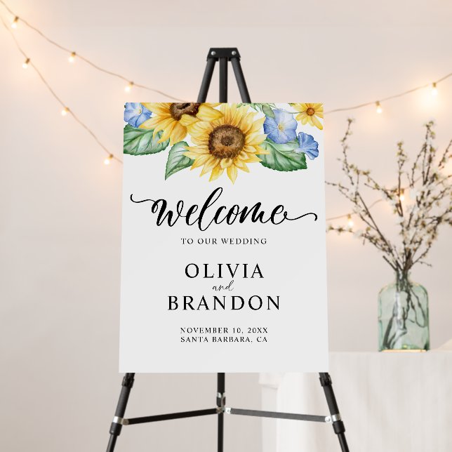 Blue Yellow Sunflower Floral Wedding Welcome Sign (In Situ (Stand))