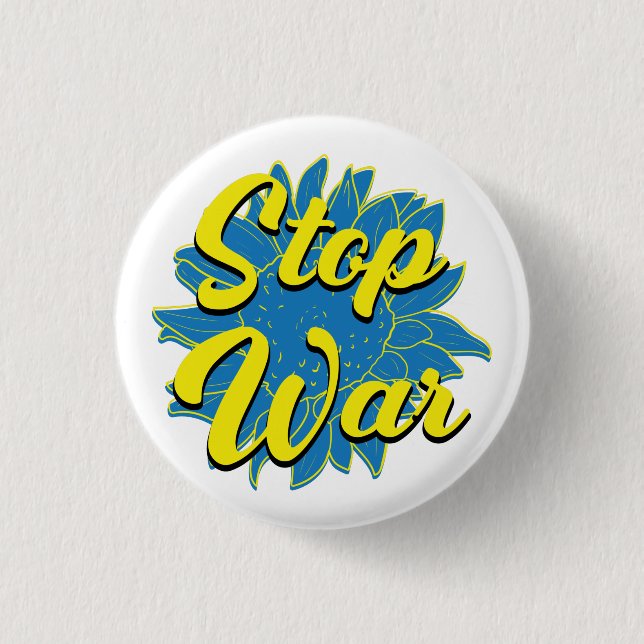 BLUE & YELLOW SUNFLOWER STOP UKRANIAN WAR BUTTON (Front)
