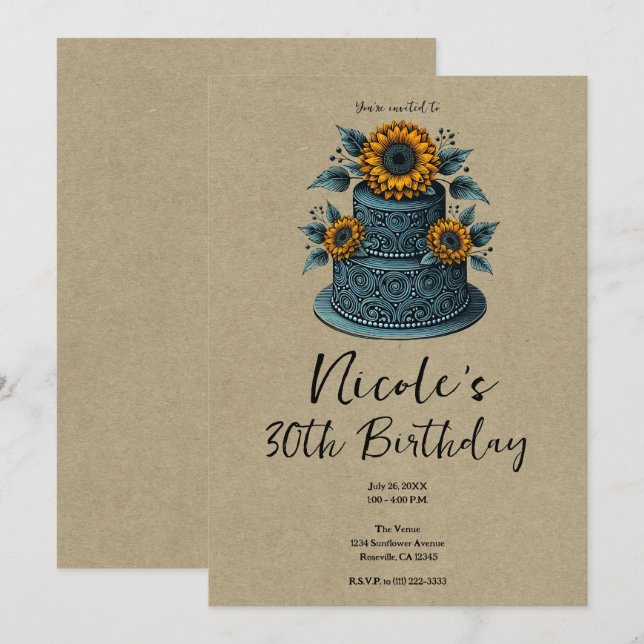 Blue Yellow Sunflower Tier Cake Birthday Party Invitation (Front/Back)