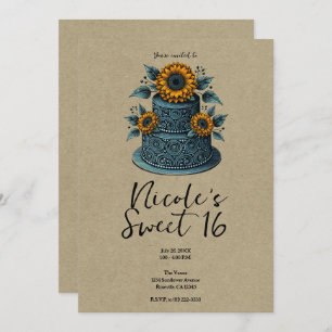 Blue Yellow Sunflower Tier Cake Sweet 16 Birthday Invitation