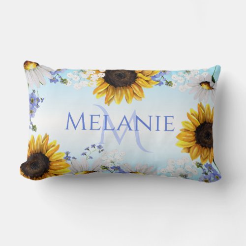 Blue Yellow Sunflower Wildflowers Monogram Lumbar Pillow
