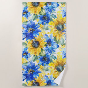 Blue Yellow Sunflowers Beach Towel