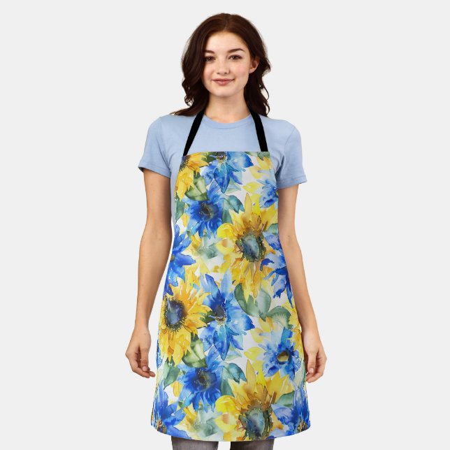 Blue Yellow Sunflowers Floral Apron (Worn)