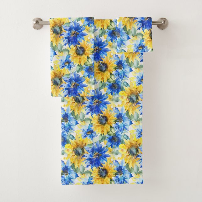 Blue Yellow Sunflowers Floral Bath Towel Set (Insitu)
