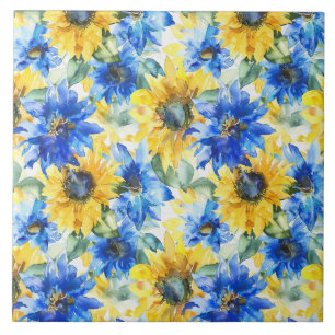 Blue Yellow Sunflowers Floral Ceramic Tile