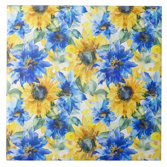Blue Yellow Sunflowers Floral Ceramic Tile (Front)