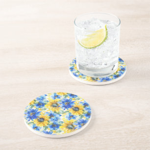 Blue Yellow Sunflowers Floral Coaster