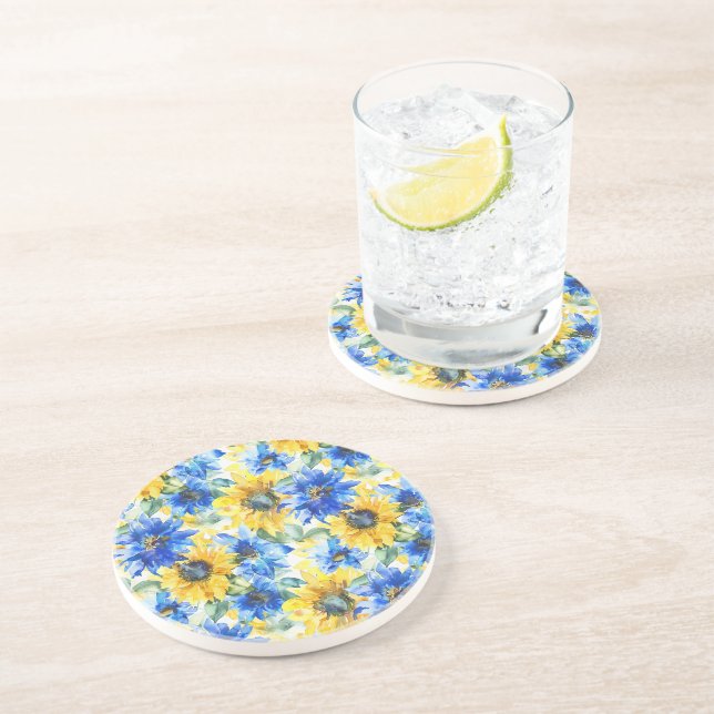 Blue Yellow Sunflowers Floral Coaster (Side)