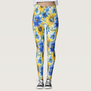 Blue Yellow Sunflowers Floral Leggings
