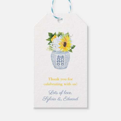 Blue  Yellow Sunflowers Ginger Jar Wedding Shower Gift Tags
