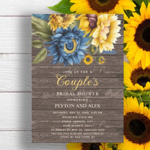 Blue Yellow Sunflowers Rustic Wood Couples Bridal Invitation