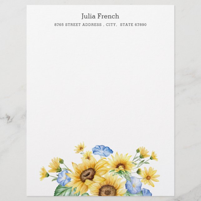 Blue Yellow Sunflowers Summer Personalize  Letterhead (Front)