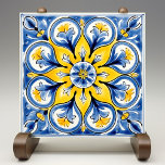 Blue Yellow Sunny Azulejos Elegance Ceramic Tile<br><div class="desc">Embrace the timeless charm of Mediterranean style with our Sunny Azulejos Elegance Ceramic Tile. Inspired by the classic Portuguese azulejos, this beautifully designed tile captures the essence of traditional craftsmanship through its vibrant yellow and deep blue palette. The intricate floral patterns and the flowing curves echo the artistry of historic...</div>