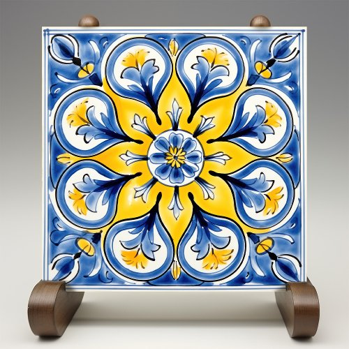 Blue Yellow Sunny Azulejos Elegance Ceramic Tile
