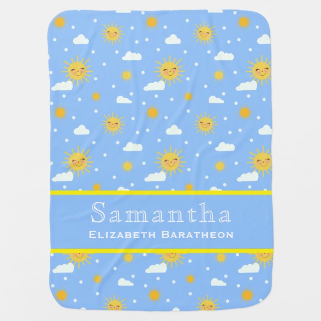 Blue & Yellow Sunshine Sky Personalized Name Baby Blanket (Front)