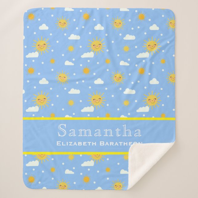 Blue & Yellow Sunshine Sky Personalized Name  Sherpa Blanket (Front)