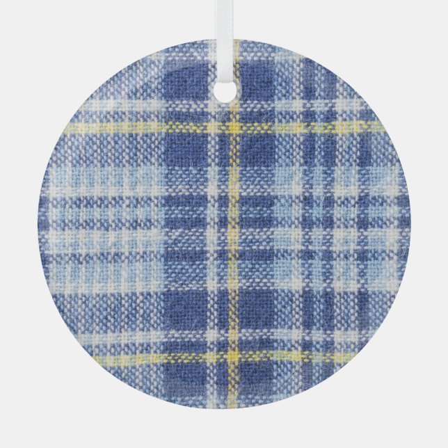 Blue Yellow Tartan: Fashionable Plaid Glass Ornament (Front)