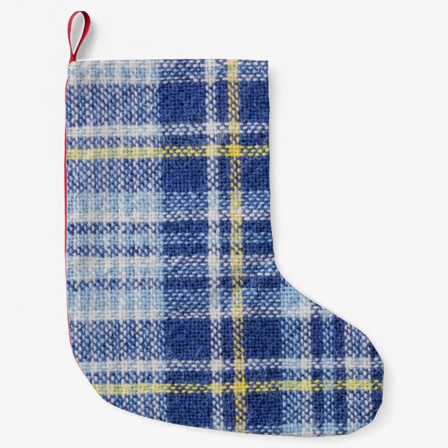 Blue Yellow Tartan: Fashionable Plaid Small Christmas Stocking (Front)