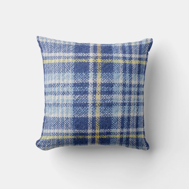 Blue Yellow Tartan: Fashionable Plaid Throw Pillow (Front)