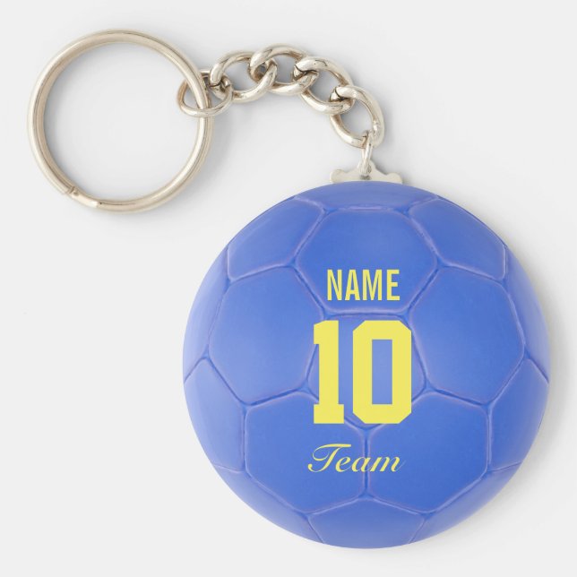 Blue Yellow Team Soccer Ball Personalized Name Keychain (Front)