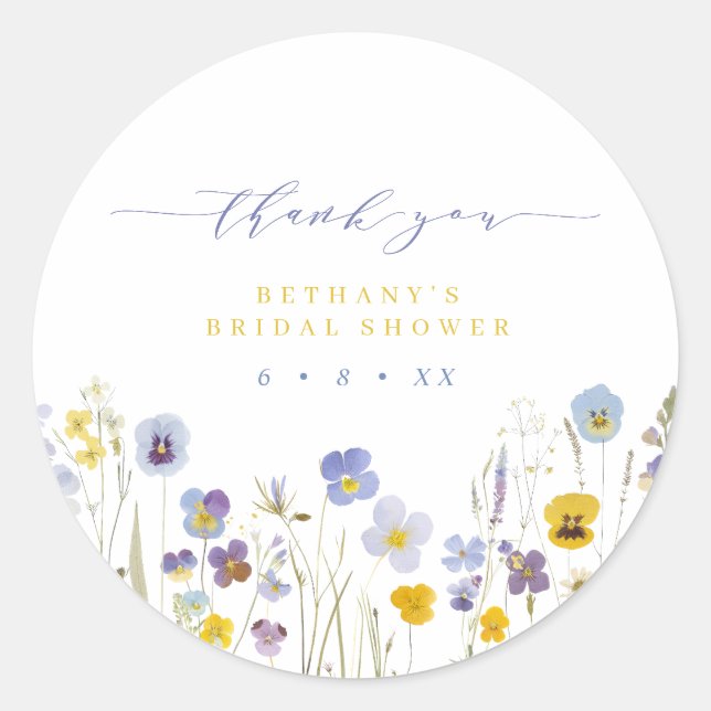 Blue & Yellow Thank You Floral Bridal Shower Favor Classic Round Sticker (Front)