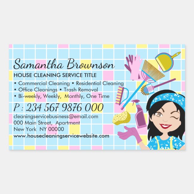 Blue Yellow Tile Cartoon Janitorial Cleaning Lady Rectangular Sticker