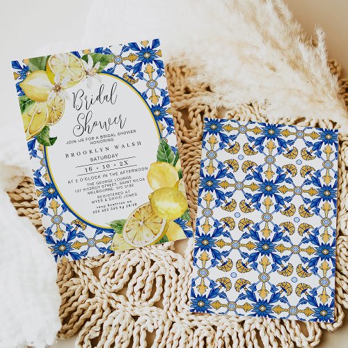 Blue Yellow Tile Lemon Bridal Shower  Invitation